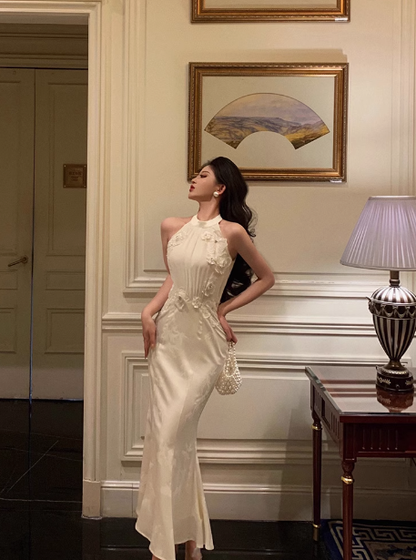 Robe sirène modeste en satin blanc à col haut pour 21e anniversaire, tenue de fête, idées de robes d'anniversaire pour femmes, DP1482