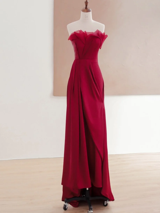 Robe élégante et glamour, coupe trapèze, bordeaux, sans bretelles, pour un 21e anniversaire, tenue de soirée, idées de robes d'anniversaire pour femmes, DP1495