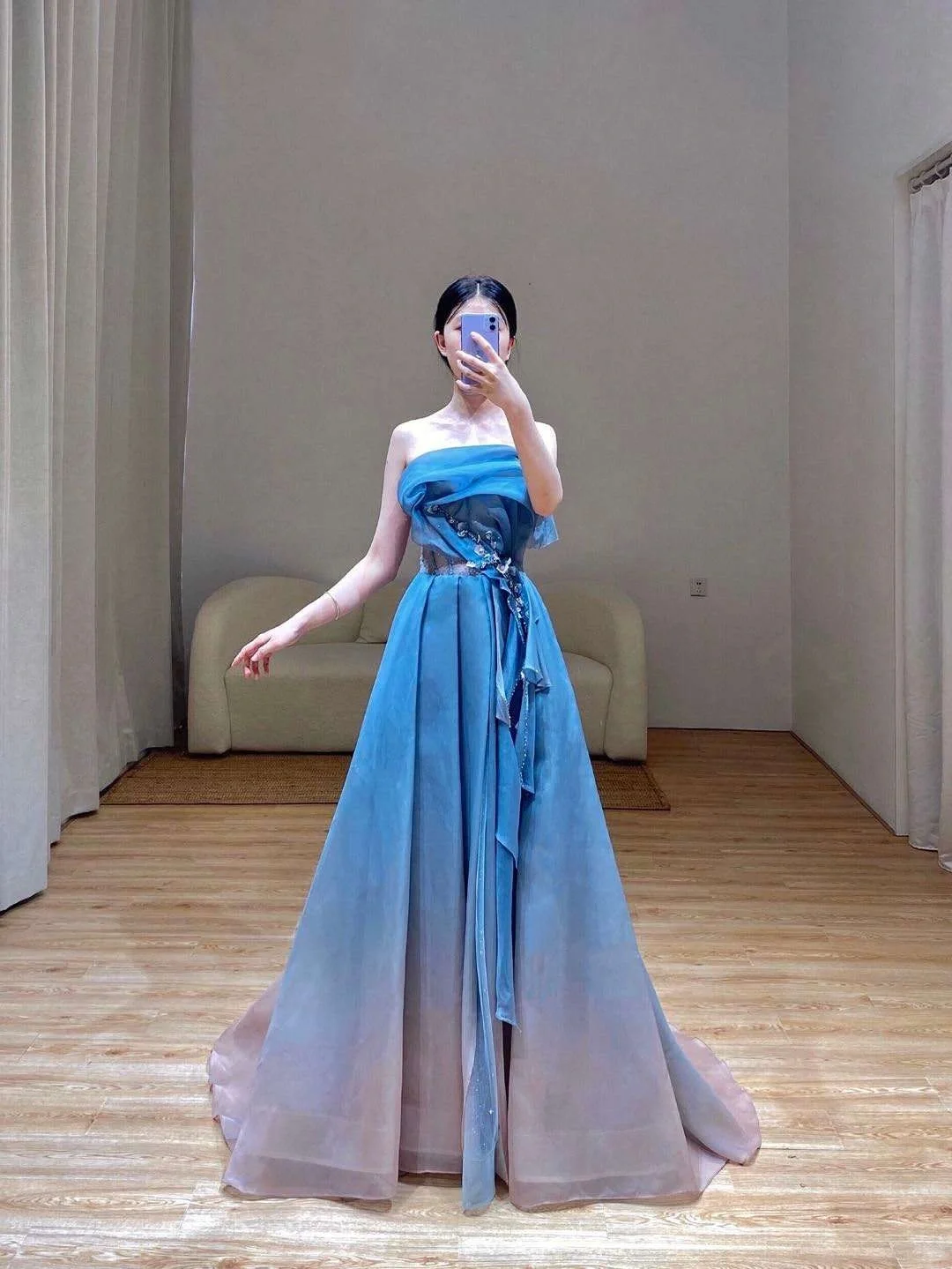 Robe de bal élégante et glamour, sans bretelles, bleue, robe de soirée, DP1525