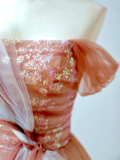 Robe de bal élégante et glamour, épaules dénudées, en tulle rose, robe de soirée longue, DP1515