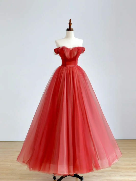 Elegant Glamour Ball Gown Off The Shoulder Red Tulle Prom Dress Party Dress Long Evening Dresses DP1517