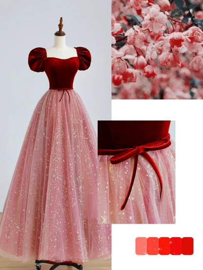 Robe de bal élégante et glamour, décolleté en cœur, manches courtes, en tulle, rose, robe de soirée, DP1518