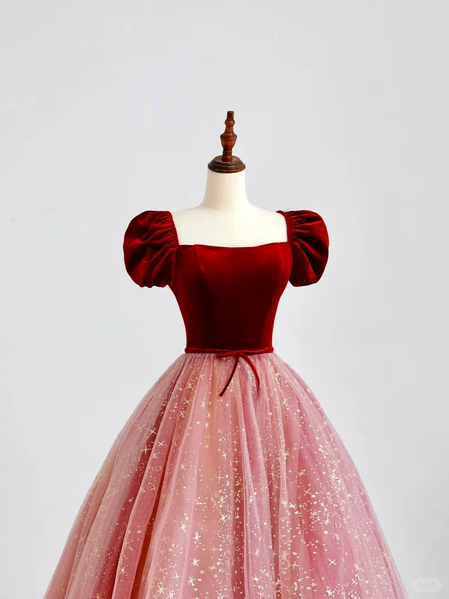 Robe de bal élégante et glamour, décolleté en cœur, manches courtes, en tulle, rose, robe de soirée, DP1518