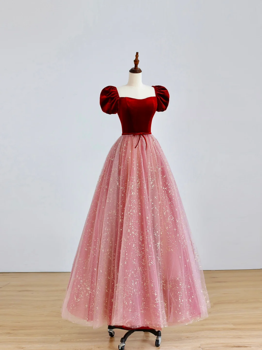 Robe de bal élégante et glamour, décolleté en cœur, manches courtes, en tulle, rose, robe de soirée, DP1518