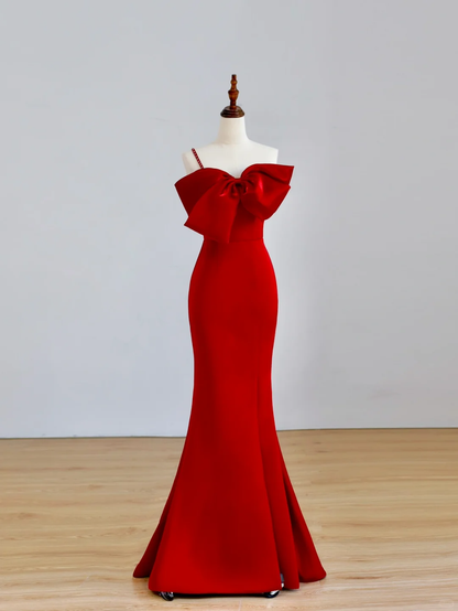 Robe de soirée élégante et glamour, style sirène, sans bretelles, en satin rouge, longue, DP1519