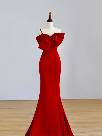 Robe de soirée élégante et glamour, style sirène, sans bretelles, en satin rouge, longue, DP1519