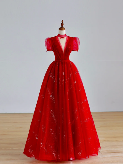 Robe de bal élégante et glamour, décolleté en V, manches courtes, en tulle rouge, robe de soirée longue, DP1521
