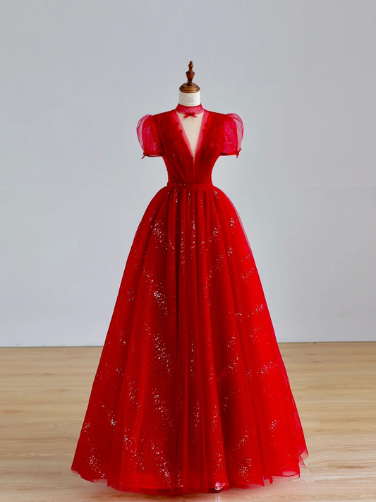 Robe de bal élégante et glamour, décolleté en V, manches courtes, en tulle rouge, robe de soirée longue, DP1521