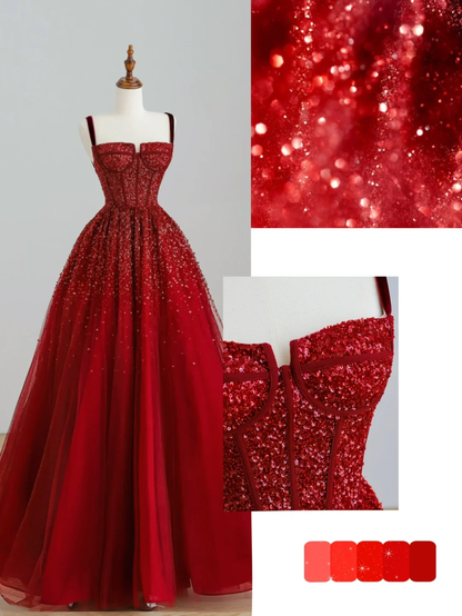 Robe de soirée longue rouge élégante et glamour, coupe trapèze, bretelles spaghetti, en tulle, DP1522