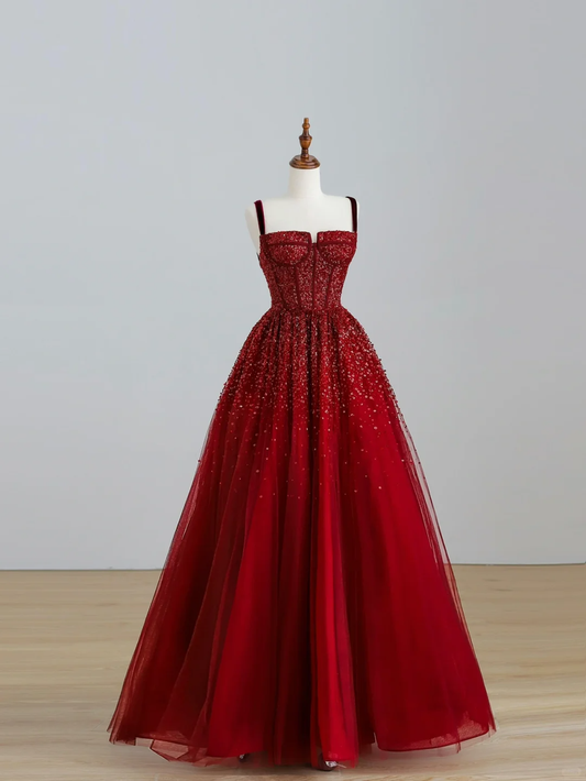 Robe de soirée longue rouge élégante et glamour, coupe trapèze, bretelles spaghetti, en tulle, DP1522