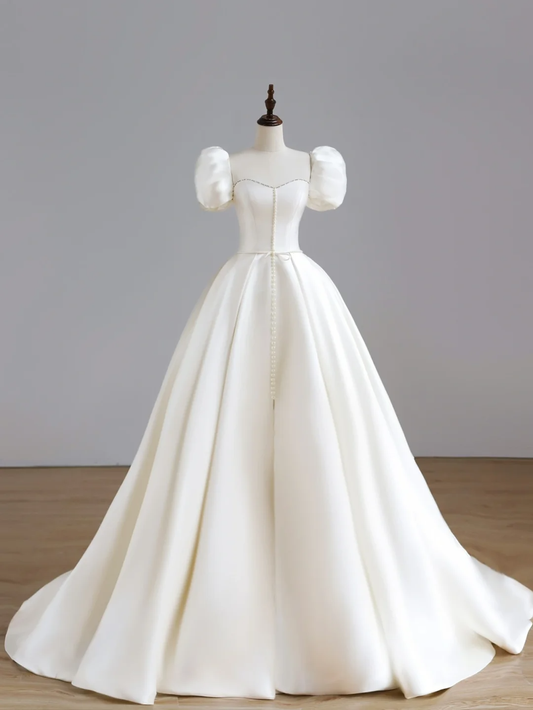 Simple Bridal Gown Ball Gown Short Sleeves Satin White Wedding Dresses Minimalist Bridal Gowns DP1523