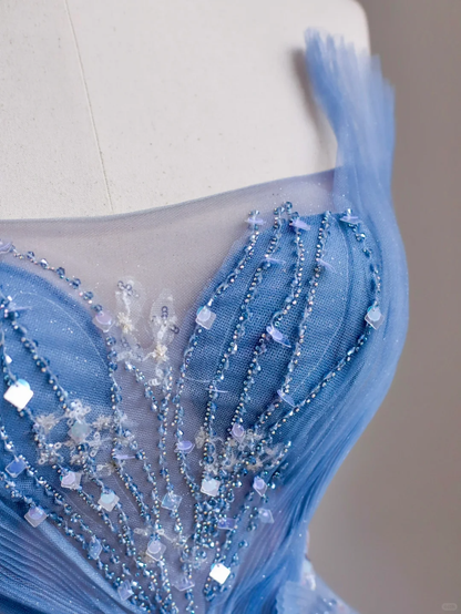 Robe de soirée élégante et glamour, coupe trapèze, sans bretelles, en tulle bleu, longue, DP1529
