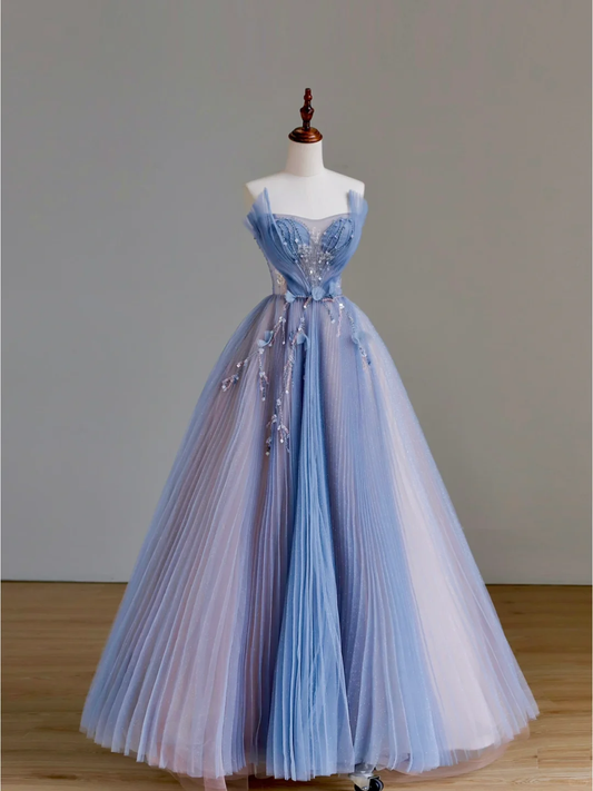 Robe de soirée élégante et glamour, coupe trapèze, sans bretelles, en tulle bleu, longue, DP1524