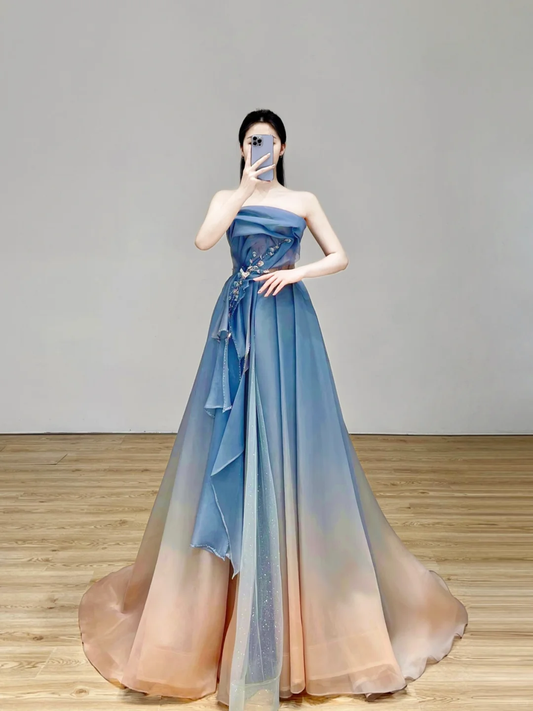 Robe de bal élégante et glamour, sans bretelles, bleue, robe de soirée, DP1525