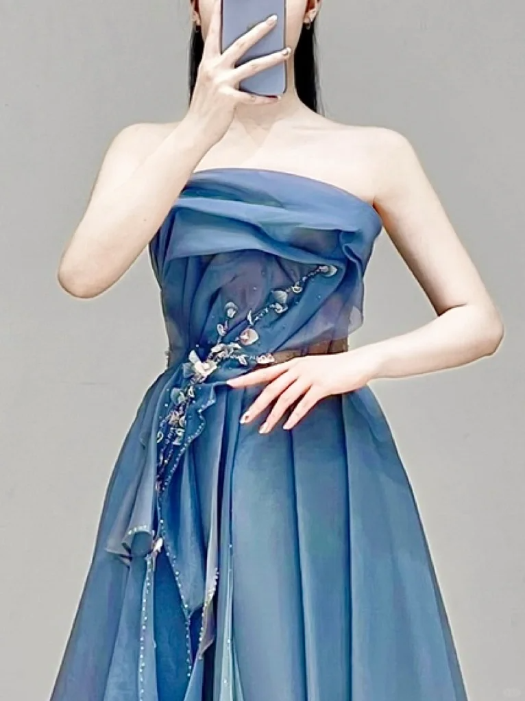 Robe de bal élégante et glamour, sans bretelles, bleue, robe de soirée, DP1525