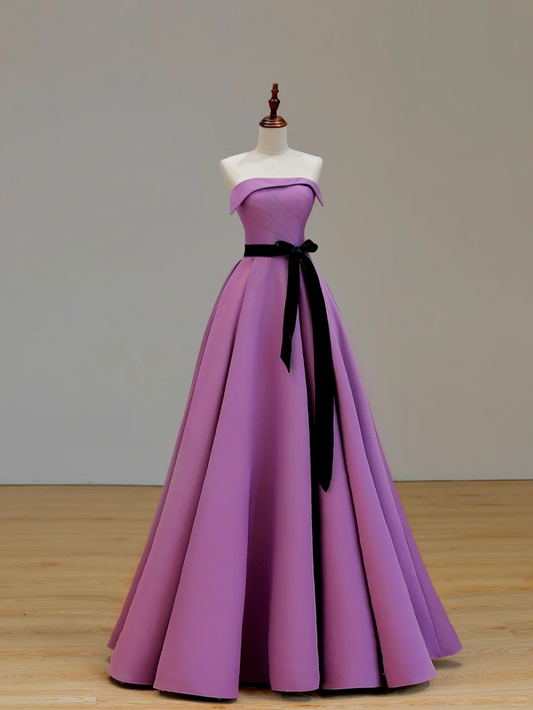 Robe élégante et glamour en satin lilas, coupe trapèze, sans bretelles, pour 21e anniversaire, tenue de soirée, idées de robes d'anniversaire pour femmes, DP1526
