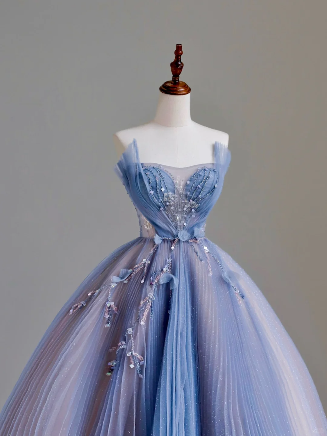 Robe de soirée élégante et glamour, coupe trapèze, sans bretelles, en tulle bleu, longue, DP1529