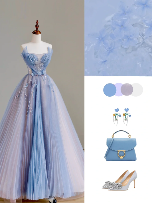 Robe de soirée élégante et glamour, coupe trapèze, sans bretelles, en tulle bleu, longue, DP1529