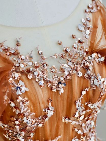 Elegant Glamour Ball Gown Scoop Orange Tulle Long Prom Dresses Party Dress Evening Dress DP1557