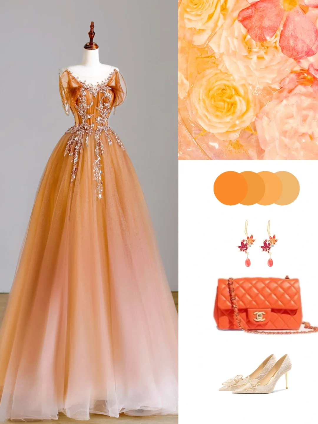 Elegant Glamour Ball Gown Scoop Orange Tulle Long Prom Dresses Party Dress Evening Dress DP1557