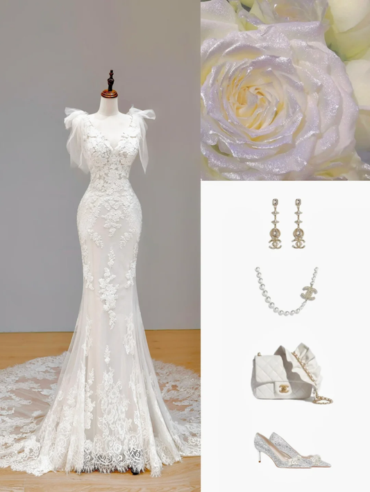 Ethereal Brautkleid Meerjungfrau Träger Spitze Weiß Brautkleider Korsett Brautkleider DP1536