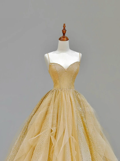 Elegant Glamour Ball Gown Spaghetti Straps Tulle Gold Long Prom Dress Party Dress Evening Dresses DP1550
