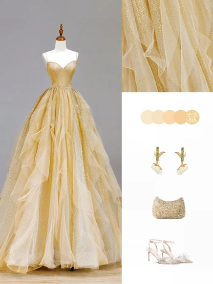 Elegant Glamour Ball Gown Spaghetti Straps Tulle Gold Long Prom Dress Party Dress Evening Dresses DP1550