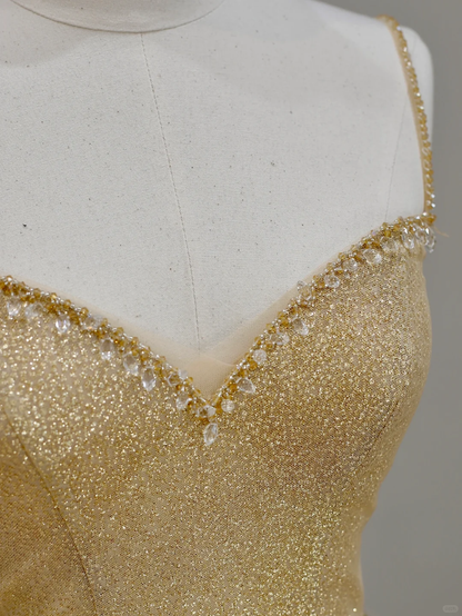 Elegant Glamour Ball Gown Spaghetti Straps Tulle Gold Long Prom Dress Party Dress Evening Dresses DP1550