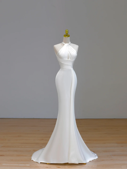 Ethereal Brautkleid Meerjungfrau Halfter Satin Weiß Brautkleider Korsett Brautkleider DP1540