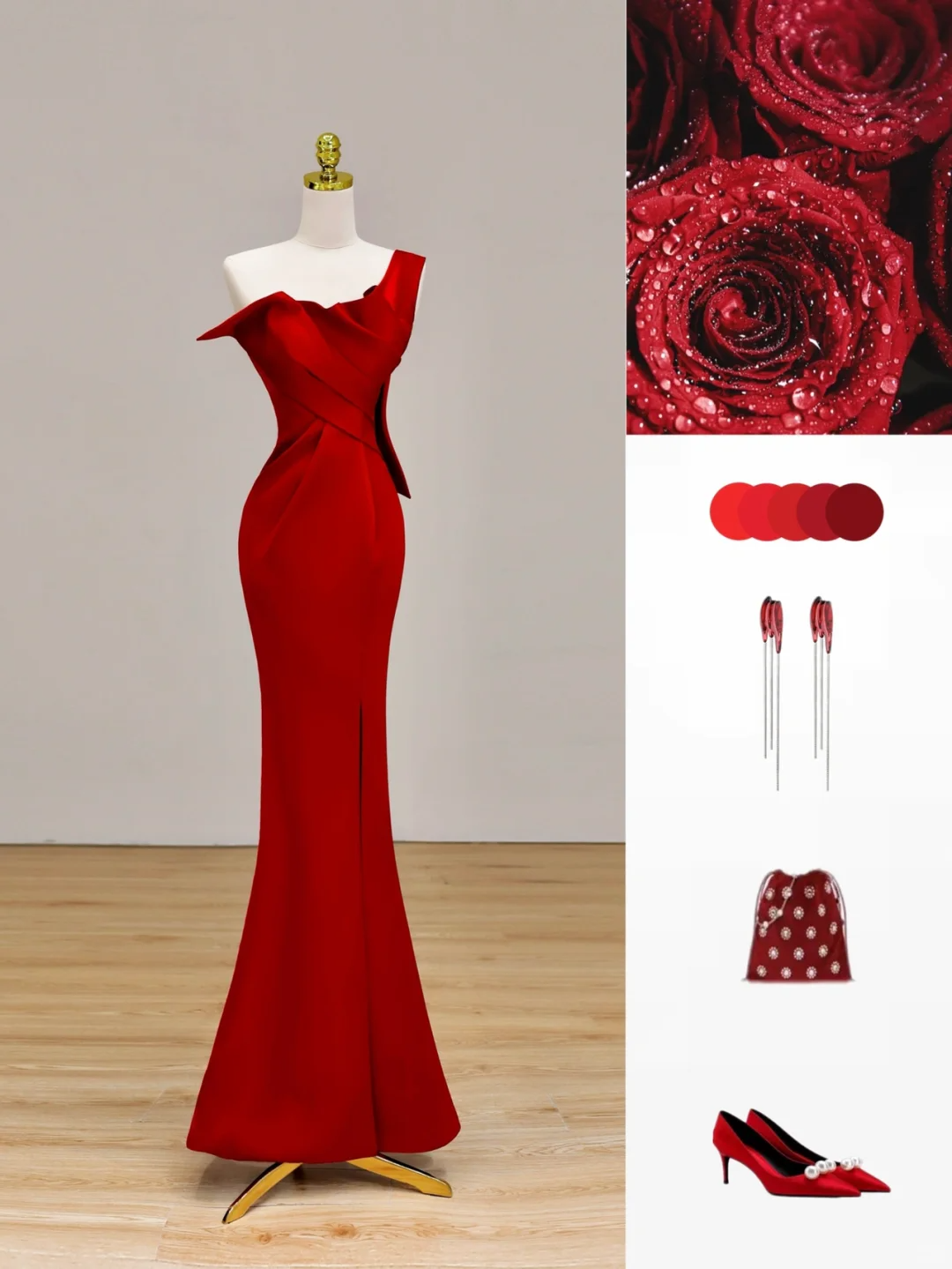 Robe de soirée longue rouge élégante et glamour, style sirène, asymétrique, DP1541