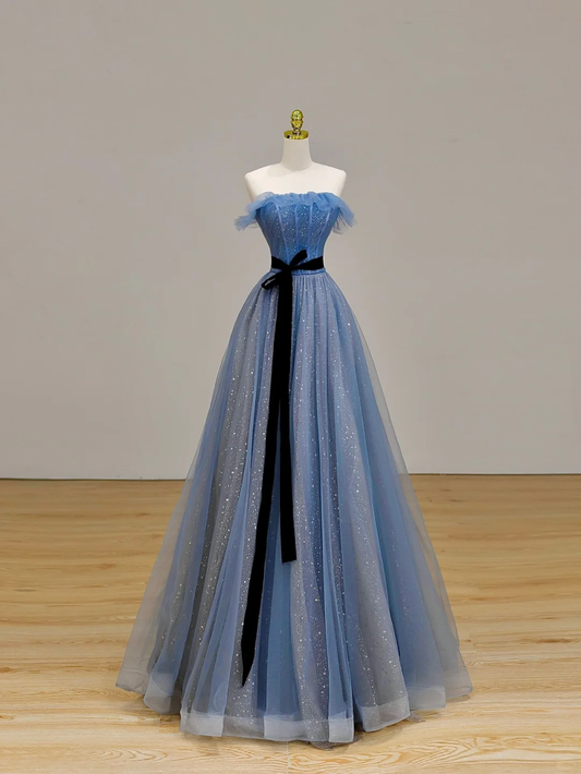 Elegant Glamour Ball Gown Strapless Blue Tulle Prom Dress Party Dress Long Evening Dresses DP1544