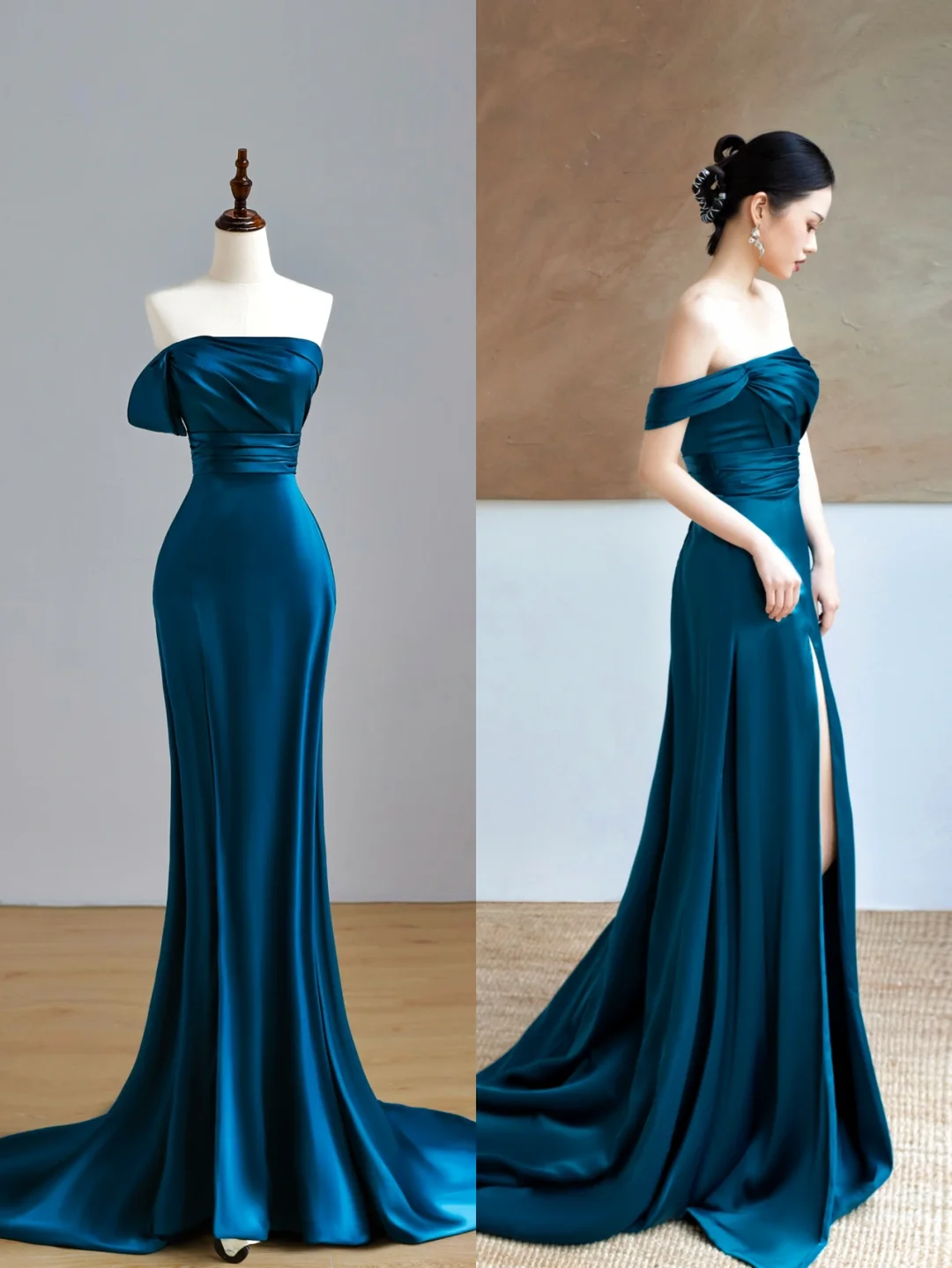 Robe de soirée longue en satin bleu, élégante et glamour, style sirène, sans bretelles, DP1545