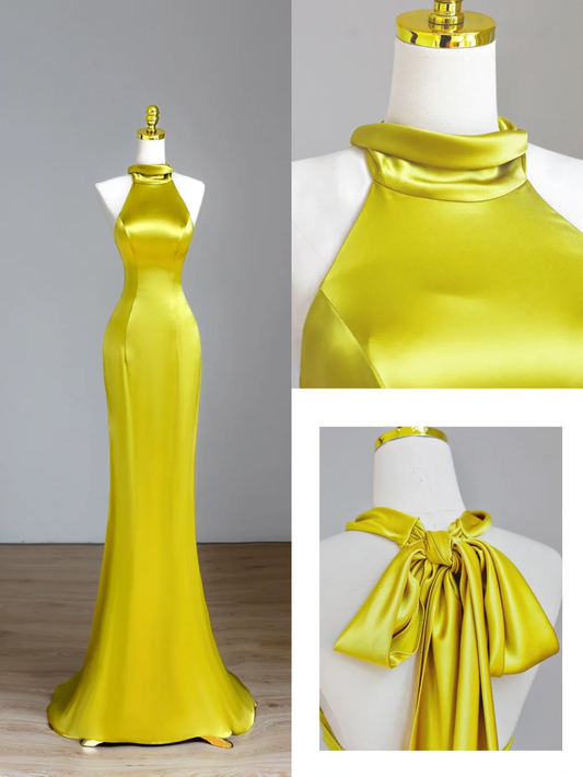 Elegant Glamour Mermaid High Neck Yellow Satin Prom Dress Party Dress Long Evening Dresses DP1546