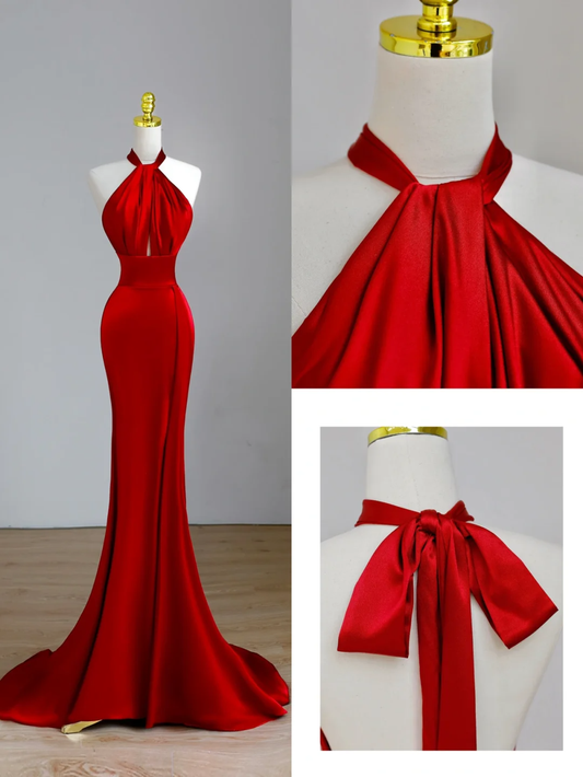 Elegant Glamour Mermaid Halter Red Satin Prom Dress Party Dress Long Evening Dresses DP1546