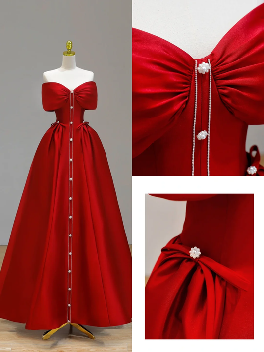 Elegant Ball Gown Strapless Satin Red Long Prom Dress Party Dress Evening Dresses DP1547