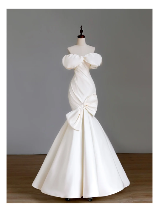 Schlichtes Brautkleid Meerjungfrau Off The Shoulder Satin Kurze Ärmel Weiße Brautkleider Minimalistische Brautkleider DP1549