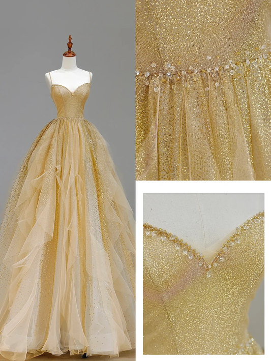 Elegant Glamour Ball Gown Spaghetti Straps Tulle Gold Long Prom Dress Party Dress Evening Dresses DP1550