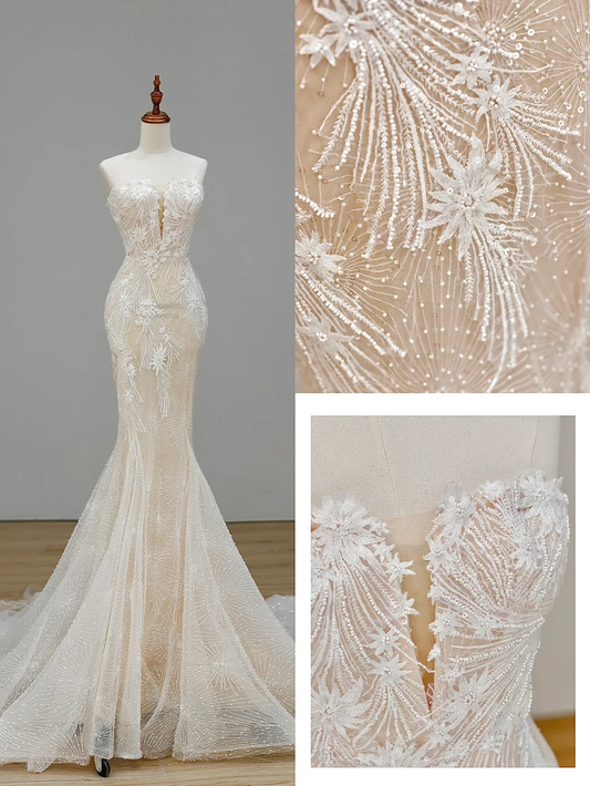 Schlichtes Brautkleid Meerjungfrau Schatz Spitze Ärmellos Weiße Brautkleider Minimalistische Brautkleider DP1551