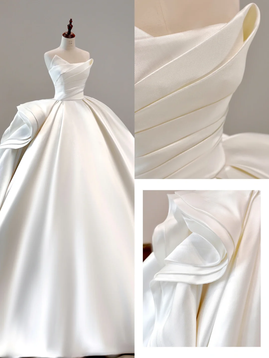 Robe de mariée classique, robe de bal, bustier, satin blanc, robes de mariée minimalistes, DP1552