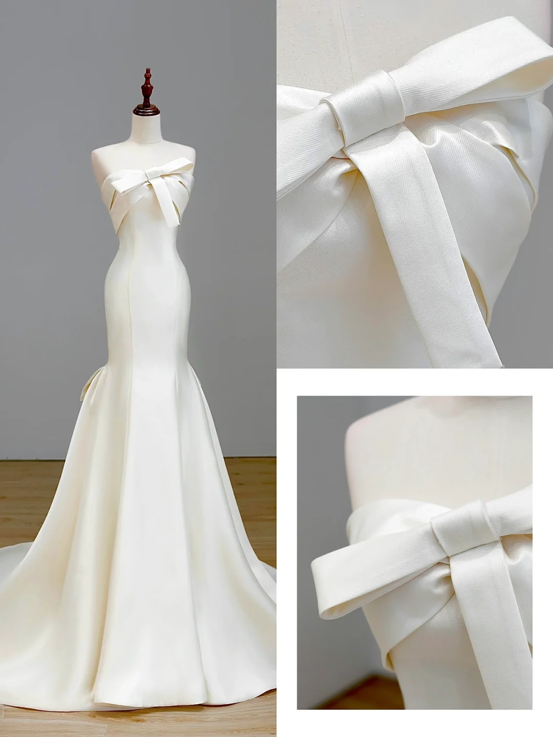 Ethereal Brautkleid Meerjungfrau trägerlos Satin weiß Brautkleider Brautkleider DP1553