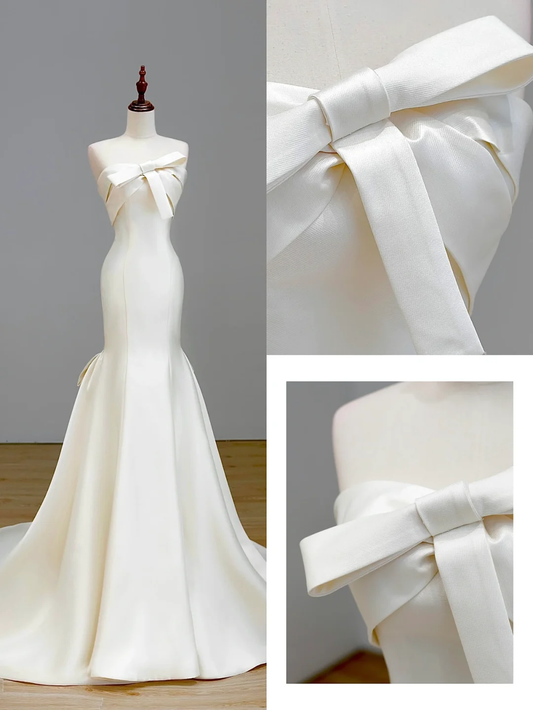 Ethereal Brautkleid Meerjungfrau trägerlos Satin weiß Brautkleider Brautkleider DP1553
