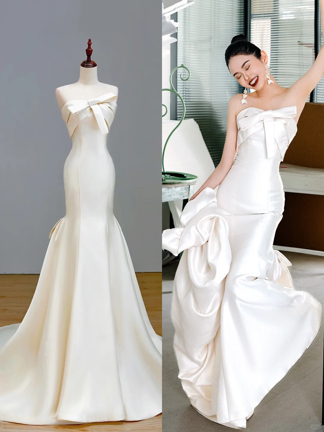 Ethereal Brautkleid Meerjungfrau trägerlos Satin weiß Brautkleider Brautkleider DP1553