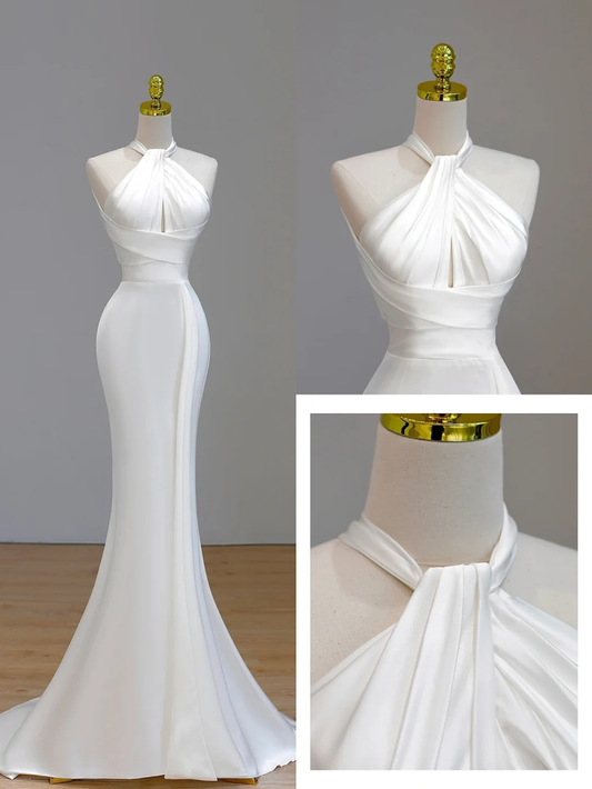 Schlichtes Brautkleid Meerjungfrau Neckholder Satin Ärmellos Weiß Brautkleider Minimalist Brautkleider DP1554