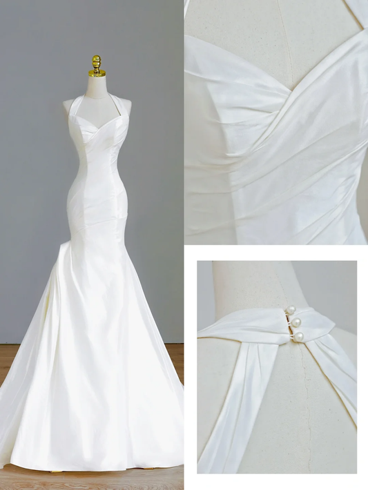 Schlichtes Brautkleid Meerjungfrau Neckholder Satin Ärmellos Weiß Brautkleider Minimalist Brautkleider DP1558