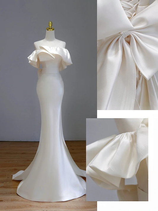Ethereal Brautkleid Meerjungfrau Off The Shoulder Satin Weiß Brautkleider Brautkleider DP1559