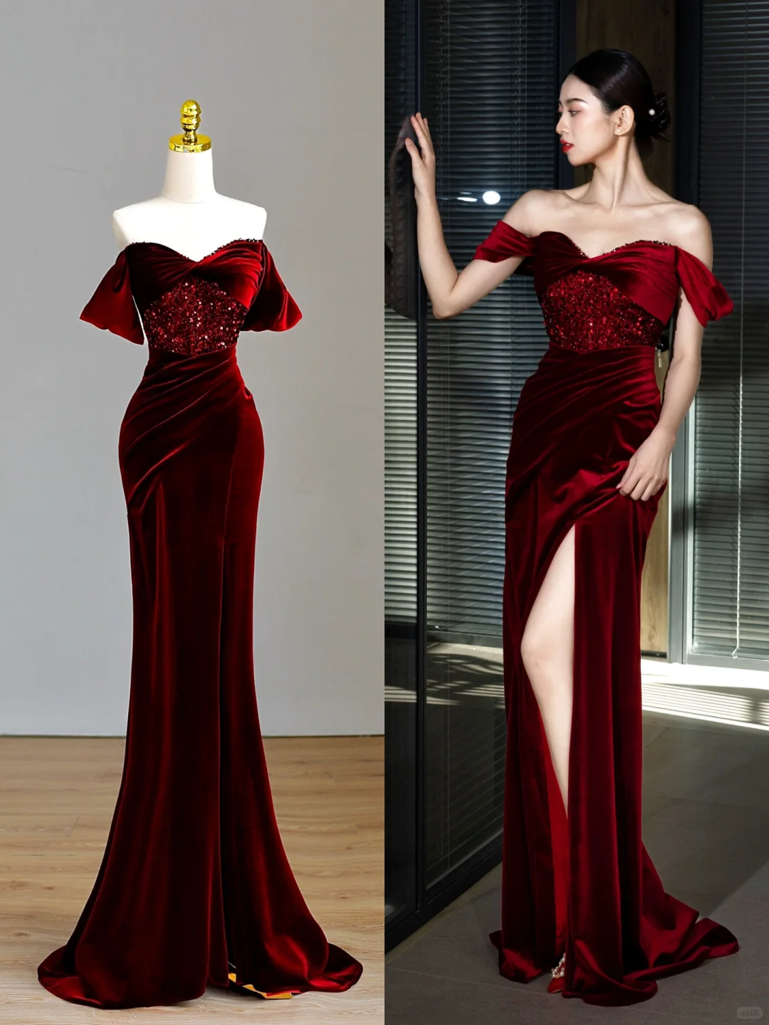 Robe de soirée élégante et glamour, style sirène, épaules dénudées, bordeaux, en velours, longue, DP1560