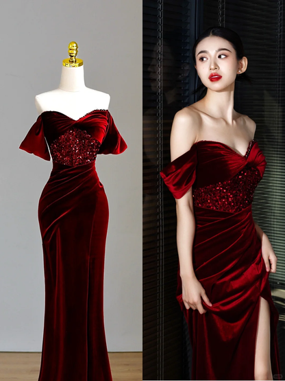 Robe de soirée élégante et glamour, style sirène, épaules dénudées, bordeaux, en velours, longue, DP1560