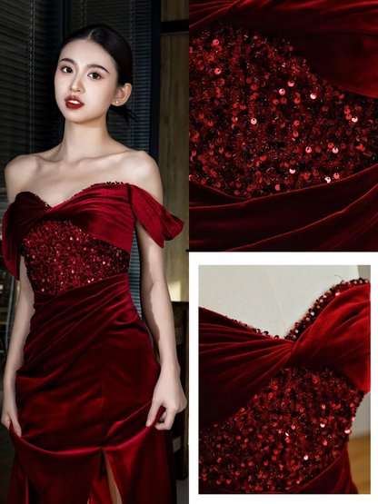Robe de soirée élégante et glamour, style sirène, épaules dénudées, bordeaux, en velours, longue, DP1560