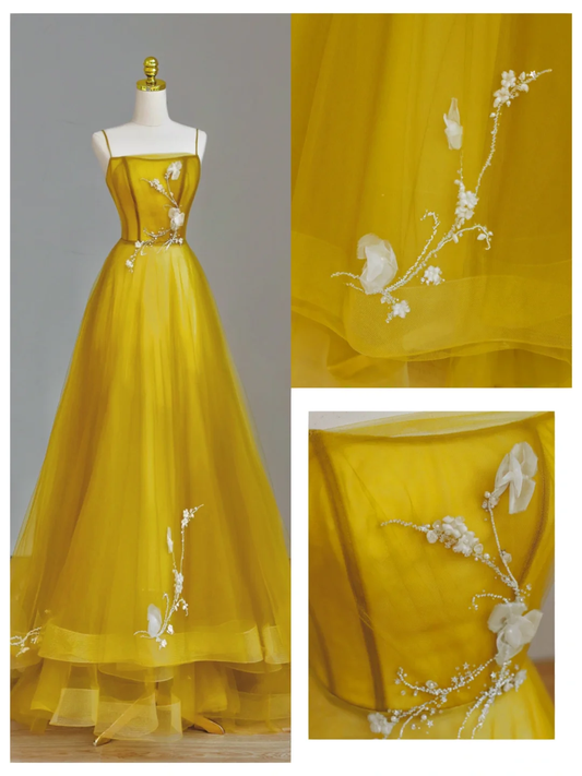 Gorgeous Ball Gown Spaghetti Straps Yellow Long Prom Dress Party Dress Graduation Dresses DP1574