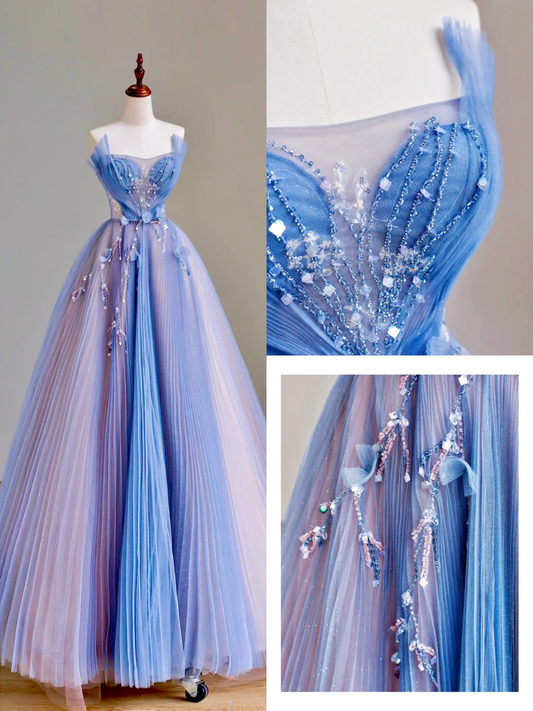 Robe de bal élégante et glamour, sans bretelles, en tulle bleu, longue, robe de soirée, DP1576